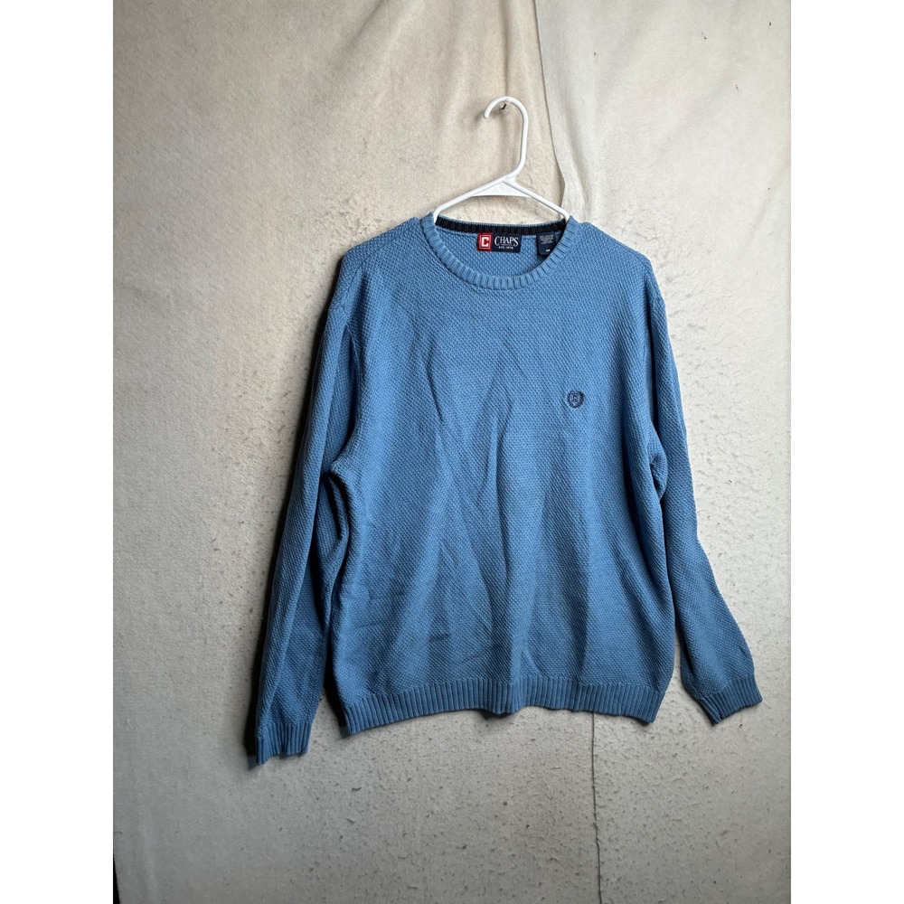 Chaps Mens Blue Textured 100% Cotton Crewneck Sweater Size Medium Logo 8699